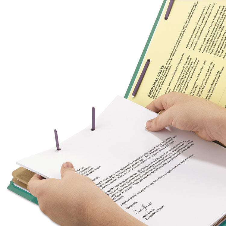 End Tab Pressboard Classification Folders, Six SafeSHIELD Fasteners, 2" Expansion, 2 Dividers, Letter Size, Green, 10/Box