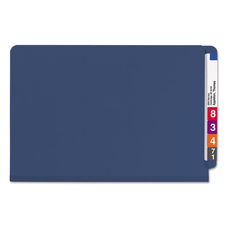 End Tab Pressboard Classification Folders, Six SafeSHIELD Fasteners, 2" Expansion, 2 Dividers, Legal Size, Dark Blue, 10/Box