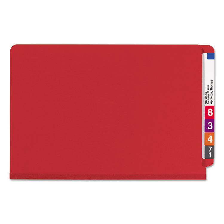 End Tab Pressboard Classification Folders, Six SafeSHIELD Fasteners, 2" Expansion, 2 Dividers, Legal Size, Bright Red, 10/Box