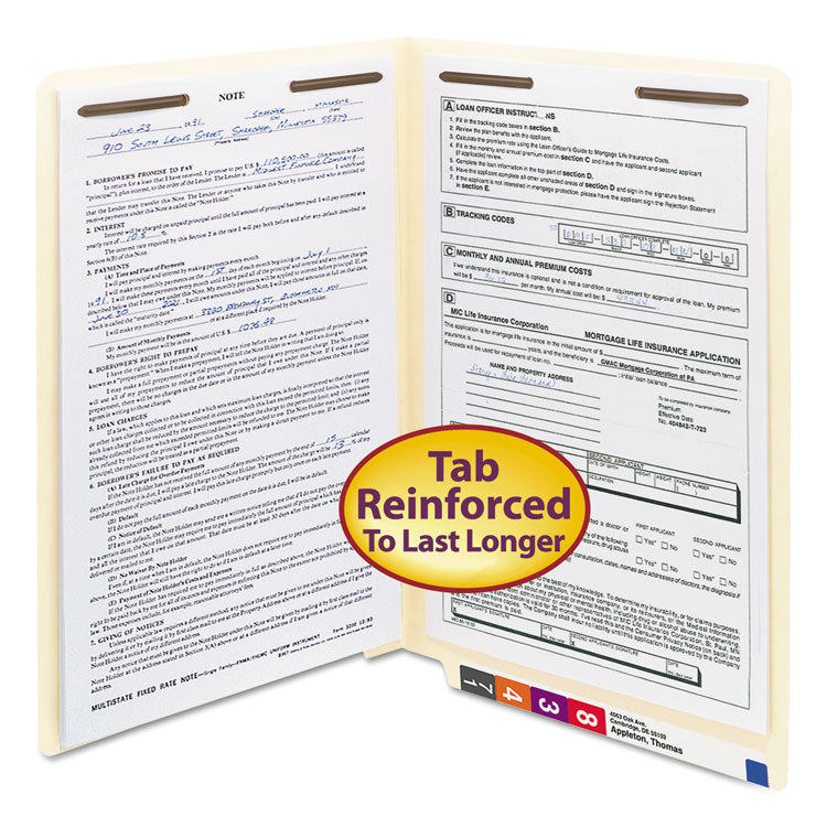 End Tab Fastener Folders with Reinforced Straight Tabs, 11-pt Manila, 2 Fasteners, Legal Size, Manila Exterior, 50/Box