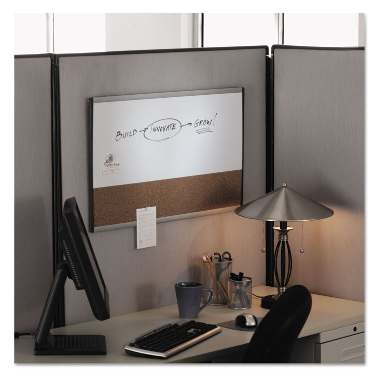 ARC Frame Cubicle Board, Combo Dry Erase/Cork Bulletin, 30" x 18", Tan/White Surface, Satin Aluminum Frame