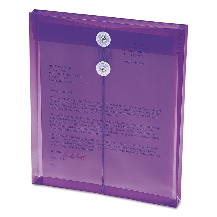 Poly String and Button Interoffice Envelopes, Open-End (Vertical), 9.75 x 11.63, Transparent Purple, 5/Pack