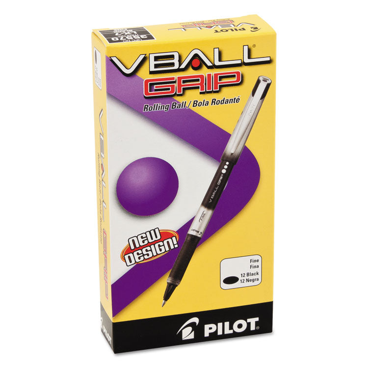 VBall Grip Liquid Ink Rollerball Pen, Stick, Fine 0.7 mm, Black Ink, Black/Silver Barrel, Dozen