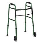 Two-Button Release Folding Walker with Wheels, Adjusts 32" to 38", 250 lb Capacity, Green/Green Ice