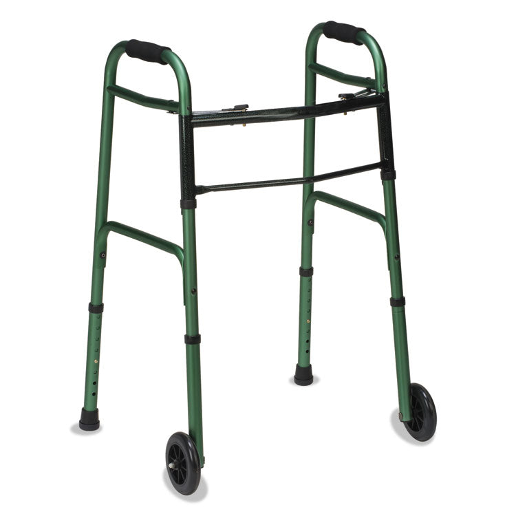 Two-Button Release Folding Walker with Wheels, Adjusts 32" to 38", 250 lb Capacity, Green/Green Ice
