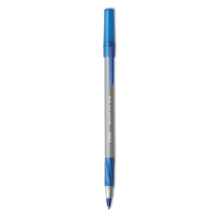 Round Stic Grip Xtra Comfort Ballpoint Pen, Easy-Glide System, Stick, Medium 1.2 mm, Blue Ink, Gray/Blue Barrel, Dozen
