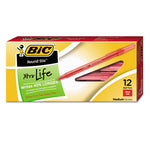 Round Stic Xtra Life Ballpoint Pen, Stick, Medium 1 Mm, Red Ink, Translucent Red Barrel, Dozen
