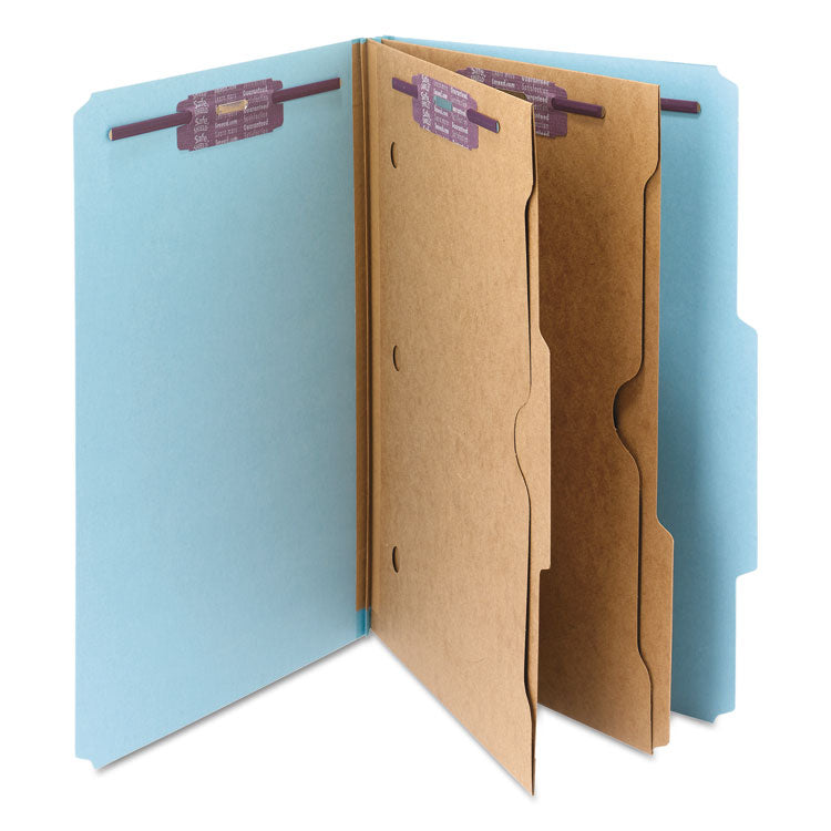 6-Section Pressboard Top Tab Pocket Classification Folders, 6 SafeSHIELD Fasteners, 2 Dividers, Legal Size, Blue, 10/Box