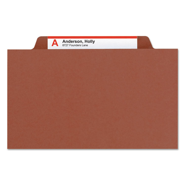 Pressboard Classification Folders, Four SafeSHIELD Fasteners, 2/5-Cut Tabs, 1 Divider, Legal Size, Red, 10/Box