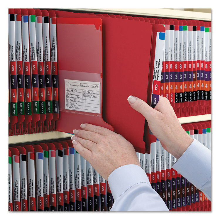 End Tab Pressboard Classification Folders, Six SafeSHIELD Fasteners, 2" Expansion, 2 Dividers, Letter Size, Bright Red, 10/BX