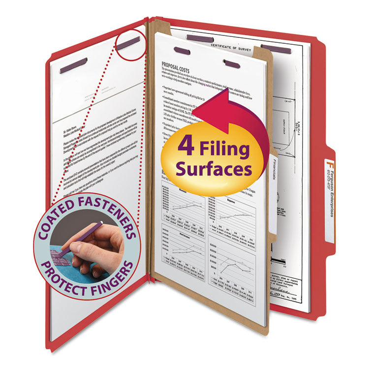 Four-Section Pressboard Top Tab Classification Folders, Four SafeSHIELD Fasteners, 1 Divider, Legal Size, Bright Red, 10/Box