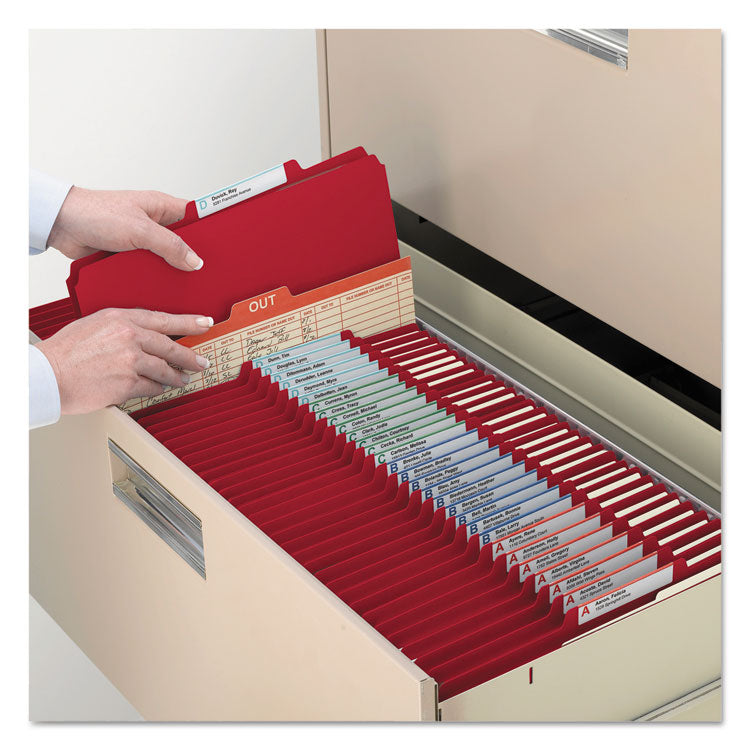 Top Tab Classification Folders, Six SafeSHIELD Fasteners, 2" Expansion, 2 Dividers, Letter Size, Red Exterior, 10/Box