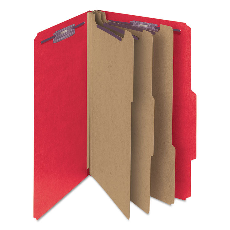 Eight-Section Pressboard Top Tab Classification Folders, 8 SafeSHIELD Fasteners, 3 Dividers, Legal Size, Bright Red, 10/Box