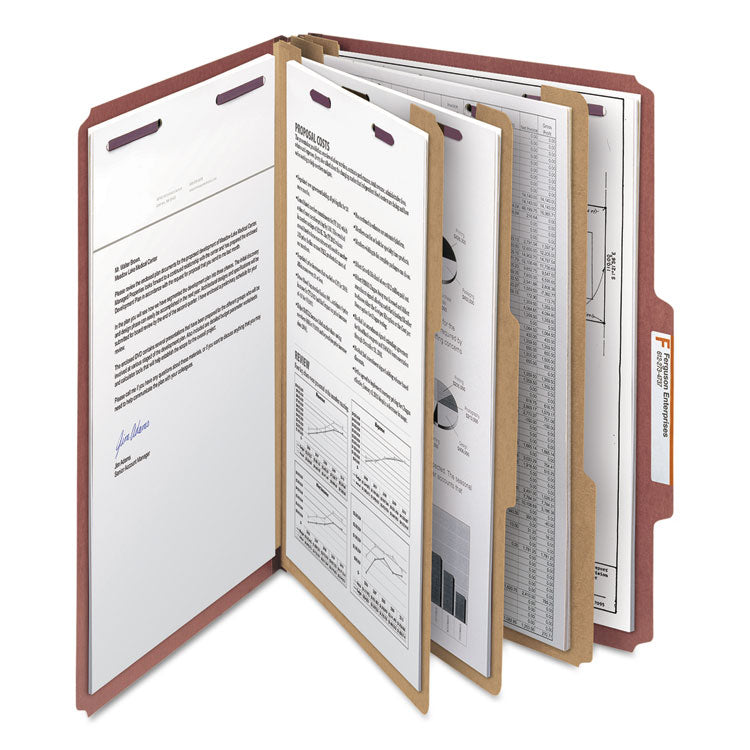 Pressboard Classification Folders, Eight SafeSHIELD Fasteners, 2/5-Cut Tabs, 3 Dividers, Legal Size, Red, 10/Box