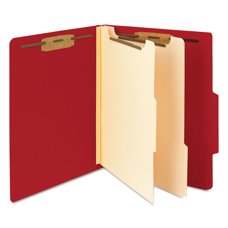 Top Tab Classification Folders, Six SafeSHIELD Fasteners, 2" Expansion, 2 Dividers, Letter Size, Red Exterior, 10/Box