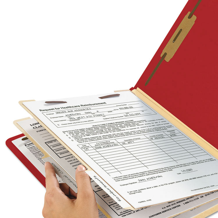 Top Tab Classification Folders, Six SafeSHIELD Fasteners, 2" Expansion, 2 Dividers, Letter Size, Red Exterior, 10/Box