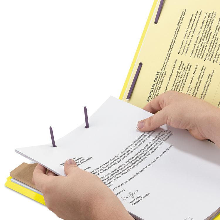 Four-Section Pressboard Top Tab Classification Folders, Four SafeSHIELD Fasteners, 1 Divider, Letter Size, Yellow, 10/Box