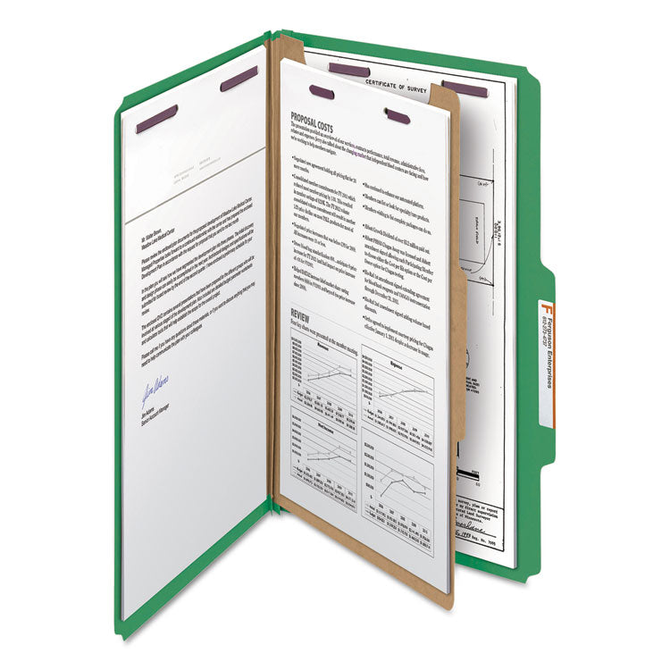 Four-Section Pressboard Top Tab Classification Folders, Four SafeSHIELD Fasteners, 1 Divider, Legal Size, Green, 10/Box