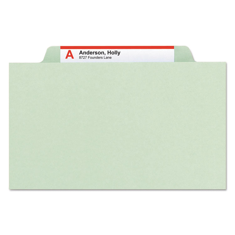 Pressboard Classification Folders, Six SafeSHIELD Fasteners, 2/5-Cut Tabs, 2 Dividers, Legal Size, Gray-Green, 10/Box