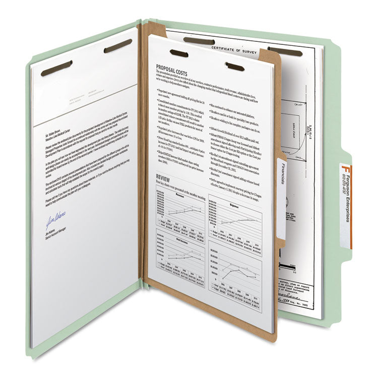 Recycled Pressboard Classification Folders, 3" Expansion, 3 Dividers, 8 Fasteners, Legal Size, Gray-Green, 10/Box