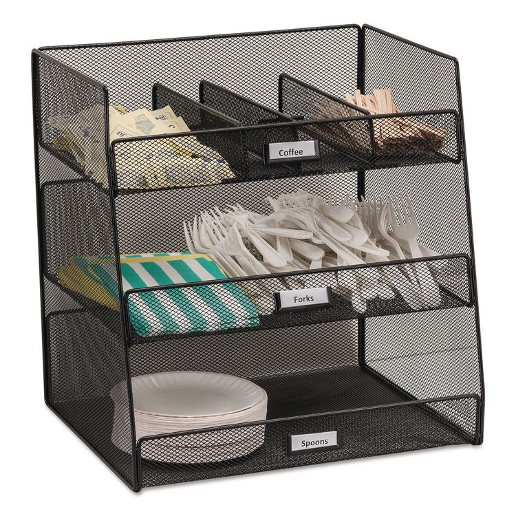 Onyx Breakroom Organizers, 3 Compartments,14.63 x 11.75 x 15, Steel Mesh, Black