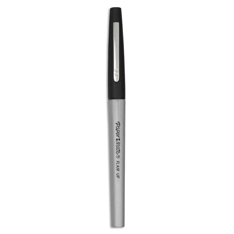Flair Felt Tip Porous Point Pen, Stick, Ultra-Fine 0.4 mm, Black Ink, Gray/Black Barrel, Dozen