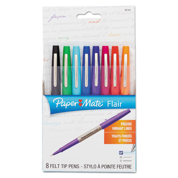Flair Felt Tip Porous Point Pen, Stick, Ultra-Fine 0.4 mm, Assorted Ink and Barrel Colors, 8/Pack