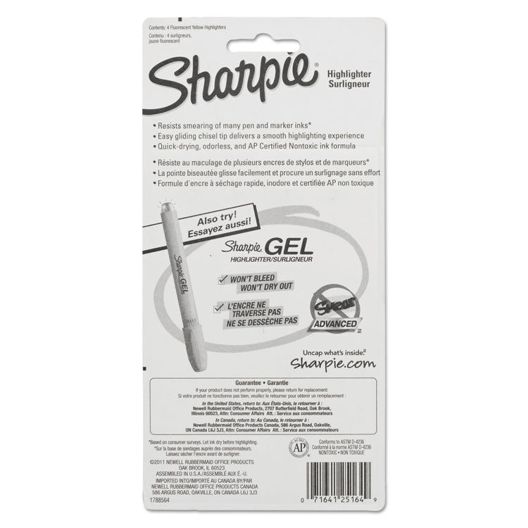 Tank Style Highlighters, Fluorescent Yellow Ink, Chisel Tip, Yellow Barrel, 4/set