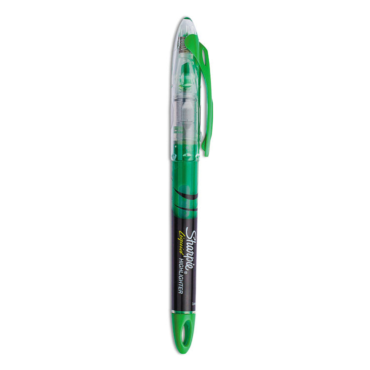 Liquid Pen Style Highlighters, Fluorescent Green Ink, Chisel Tip, Green/black/clear Barrel, Dozen