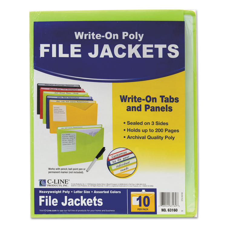 Write-On Poly File Jackets, Straight Tab, Letter Size, Assorted Colors, 10/pack
