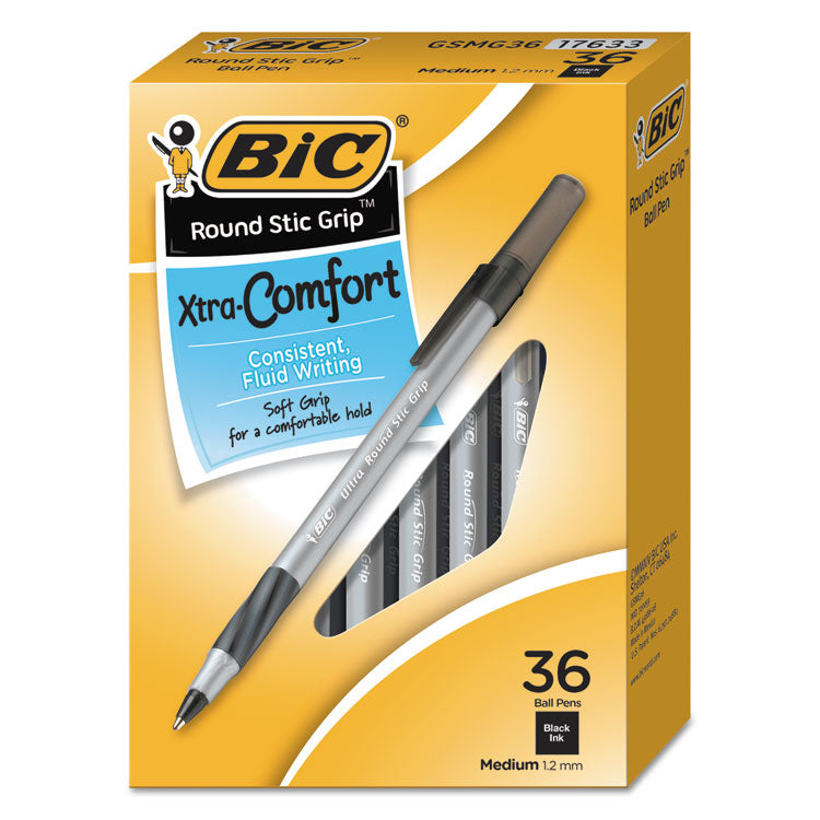 Round Stic Grip Xtra Comfort Ballpoint Pen Value Pack, Easy-Glide, Stick, Medium 1.2mm, Black Ink, Gray/Black Barrel, 36/Pack