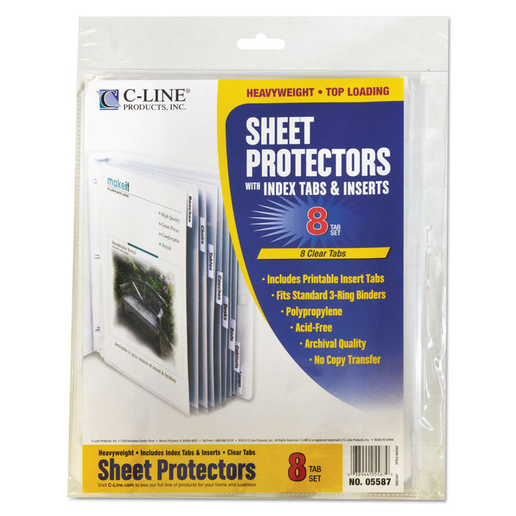 Sheet Protectors with Eight Clear Index Tabs, Heavy-Duty, Side: 3-Hole Punched, Top Load 8.5 x 11 Insert, Clear, 8/Set