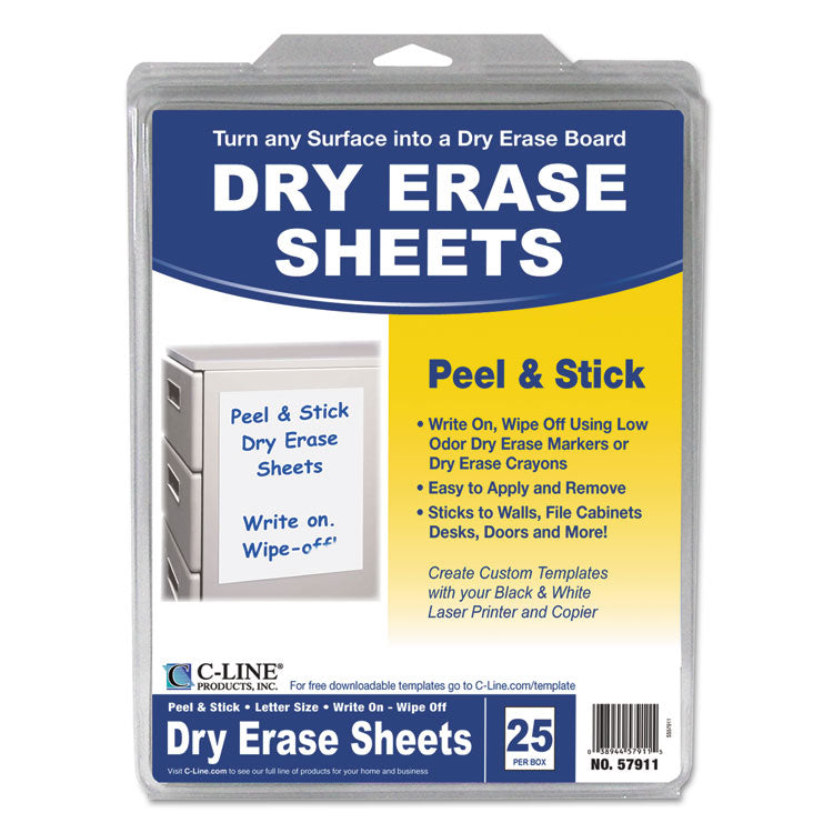 Self-Stick Dry Erase Sheets, Laminated Paperboard Surface, 8.5" x 11", White, 25/Box
