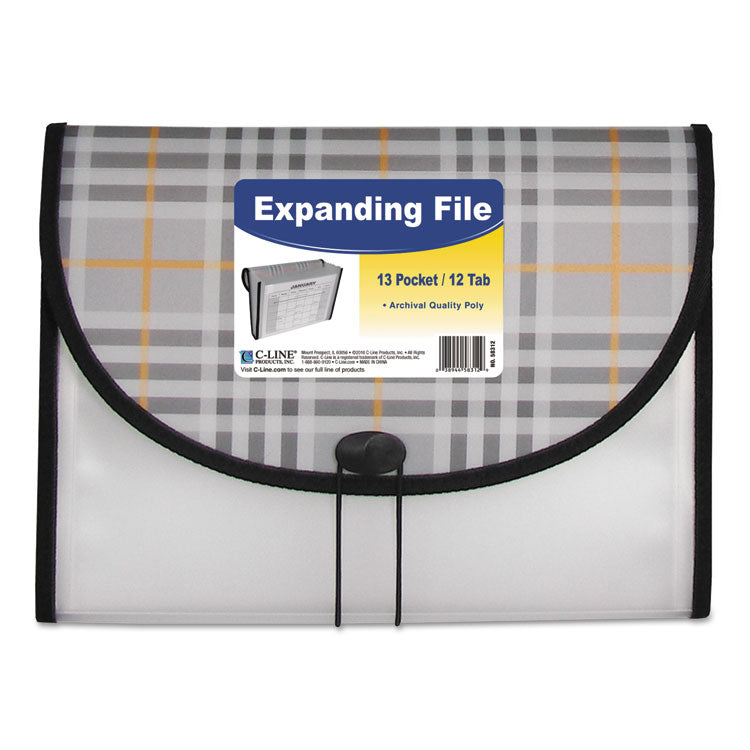Plaid Design Expanding Files, 1.5" Expansion, 13 Sections, Cord/Hook Closure, 1/6-Cut Tabs, Letter Size, Gray Plaid
