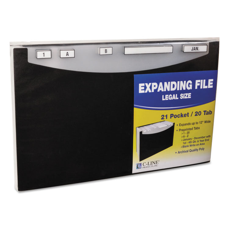21-Pocket Stand-Up Design Expanding File, 12" Expansion, 21 Sections, 1/5-Cut Tabs, Legal Size, Black