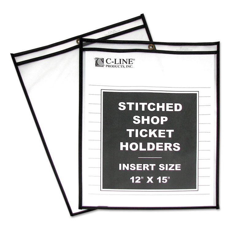 Stitched Shop Ticket Holders, Heavy-Duty, Top Load 12 x 15 Insert, Clear Front, Black Border, 25/Box