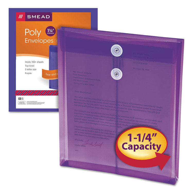 Poly String and Button Interoffice Envelopes, Open-End (Vertical), 9.75 x 11.63, Transparent Purple, 5/Pack