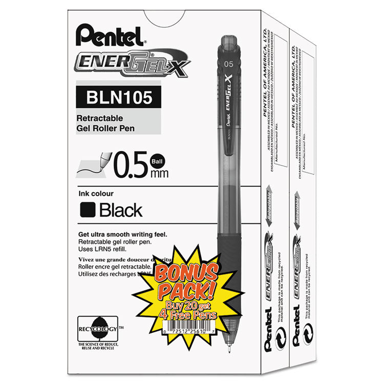 EnerGel-X Gel Pen, Retractable, Fine 0.5 mm, Black Ink, Clear/Black Barrel, 24/Pack