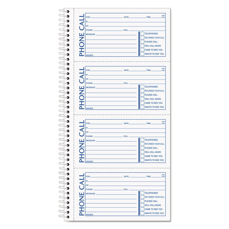 Spiralbound Message Book, Two-Part Carbonless, 5 x 2.75, 4 Forms/Sheet, 200 Forms Total
