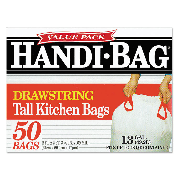 Drawstring Kitchen Bags, 13 gal, 24" x 27.38", White, 50/Box