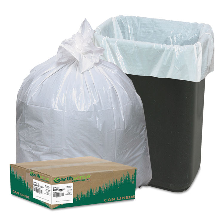 Linear-Low-Density Recycled Tall Kitchen Bags, Open-Face, 13 gal, 24" x 33", White, 15 Bags/Roll, 10 Rolls/Box