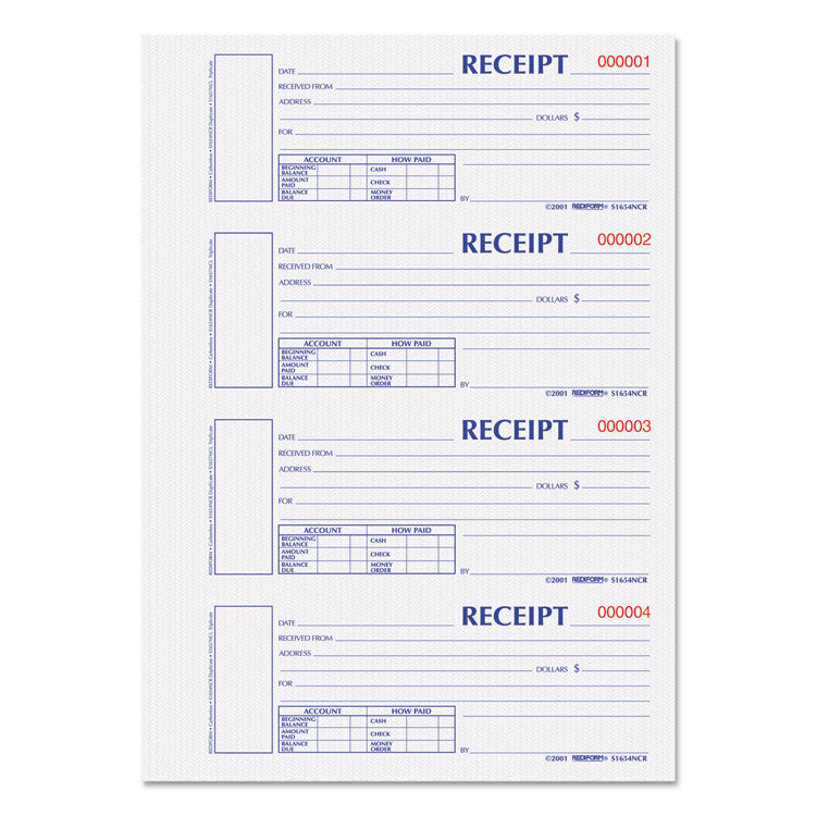 Durable Hardcover Numbered Money Receipt Book, Two-Part Carbonless, 6.88 x 2.75, 4 Forms/Sheet, 300 Forms Total