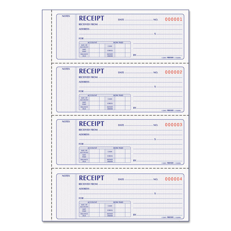 Money Receipt Book, Softcover, Two-Part Carbonless, 7 x 2.75, 4 Forms/Sheet, 200 Forms Total