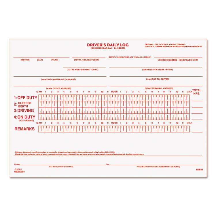 Driver's Daily Log Book with Daily Record and Hours Summary, Two-Part Carbonless, 7.88 x 5.5, 31 Forms Total