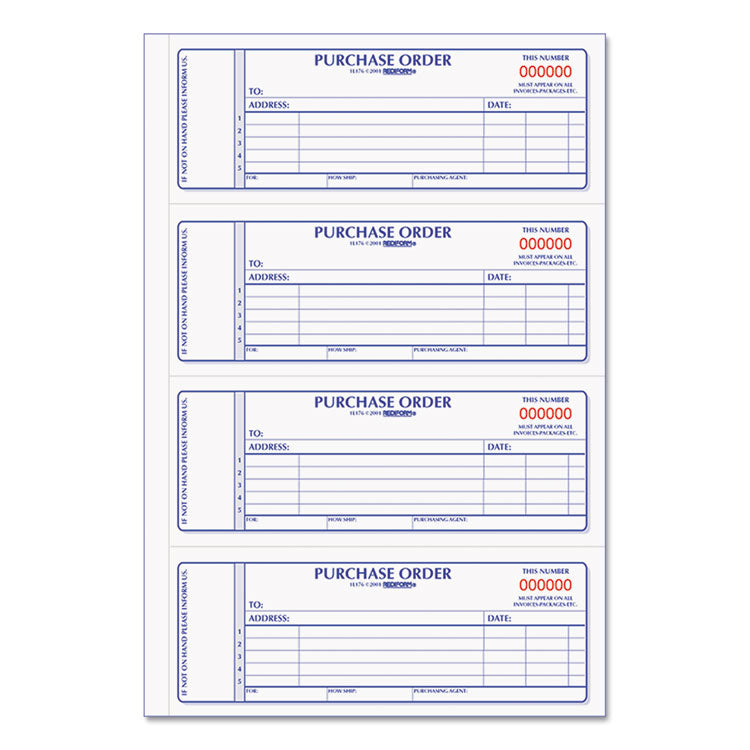 Purchase Order Book, 5 Lines, Two-Part Carbonless, 7 x 2.75, 4 Forms/Sheet, 400 Forms Total