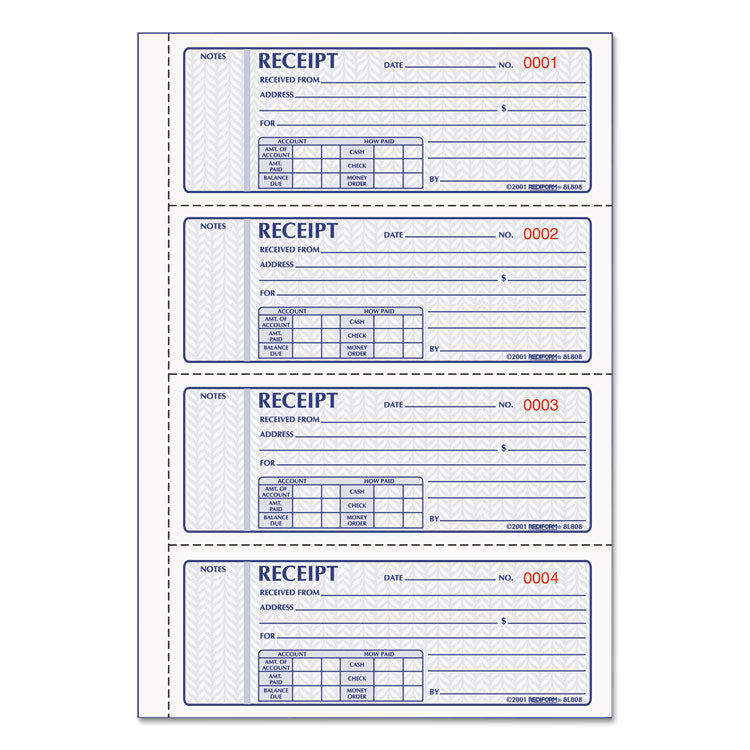 Money Receipt Book, Softcover, Three-Part Carbonless, 7 x 2.75, 4 Forms/Sheet, 100 Forms Total