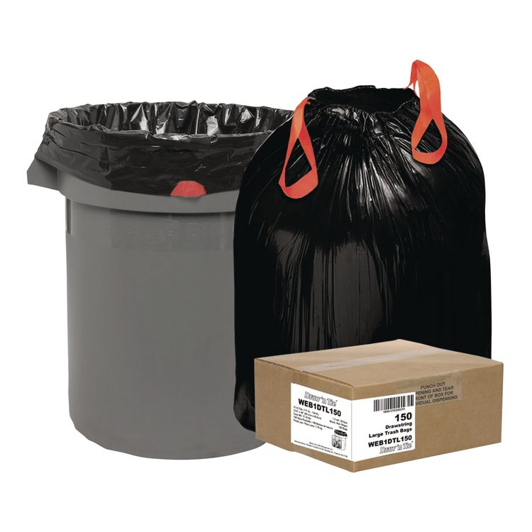 Heavy-Duty Trash Bags, Drawstring, 33 gal, 1.2 mil, 33.5" x 38", Black, 25 Bags/Roll, 6 Rolls/Box