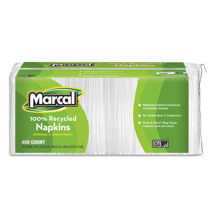 100% Recycled Lunch Napkins, 1-Ply, 11.4 X 12.5, White, 400/pack