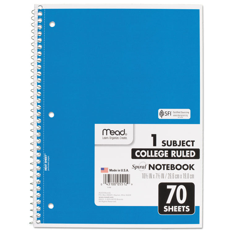 Spiral Notebook, 1-Subject, Medium/College Rule, Randomly Assorted Cover Color, (70) 10.5 x 7.5 Sheets
