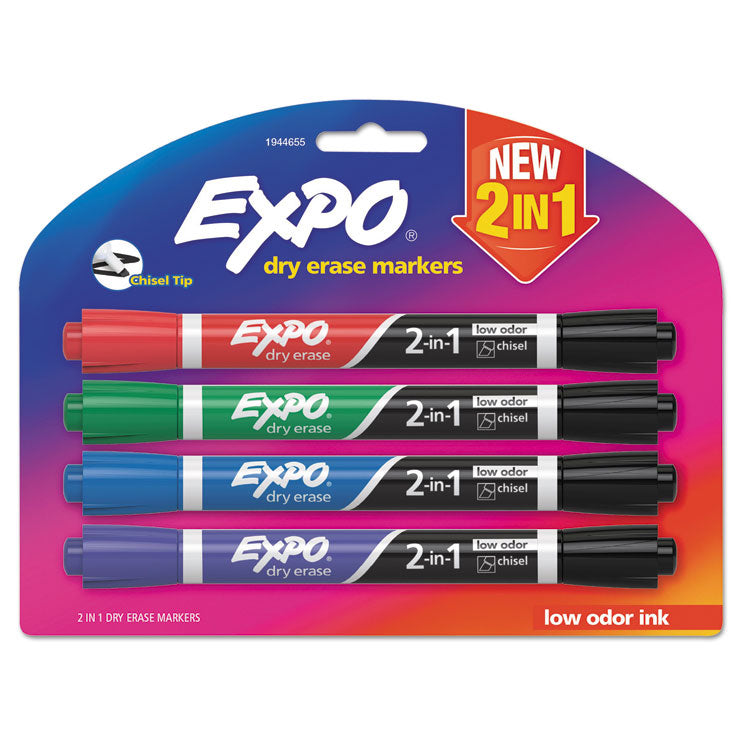 2-In-1 Dry Erase Markers, Fine/broad Chisel Tips, Assorted Primary Colors, 4/pack
